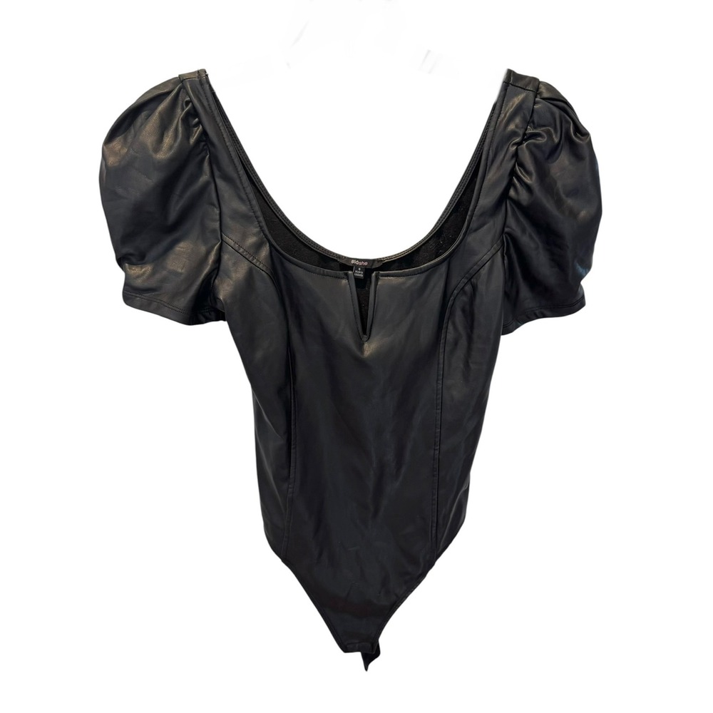 Blashe Black Faux Leather Puff Sleeve Notched Bodysuit Womens Small